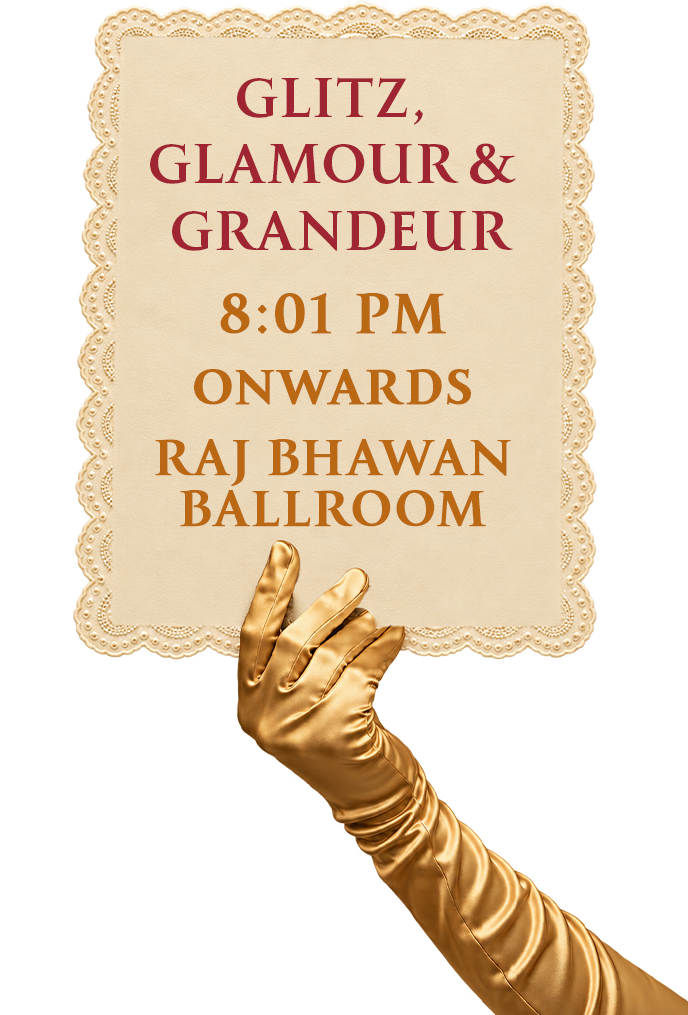 Hand in golden satin glove holding vintage lace invitation card